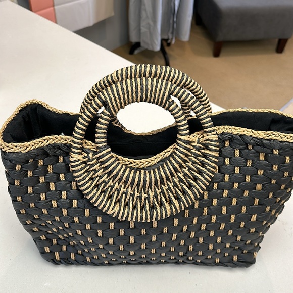 NOWT! Hand woven straw, clutch bag handbag circular handles summer beach tote - Picture 2 of 5